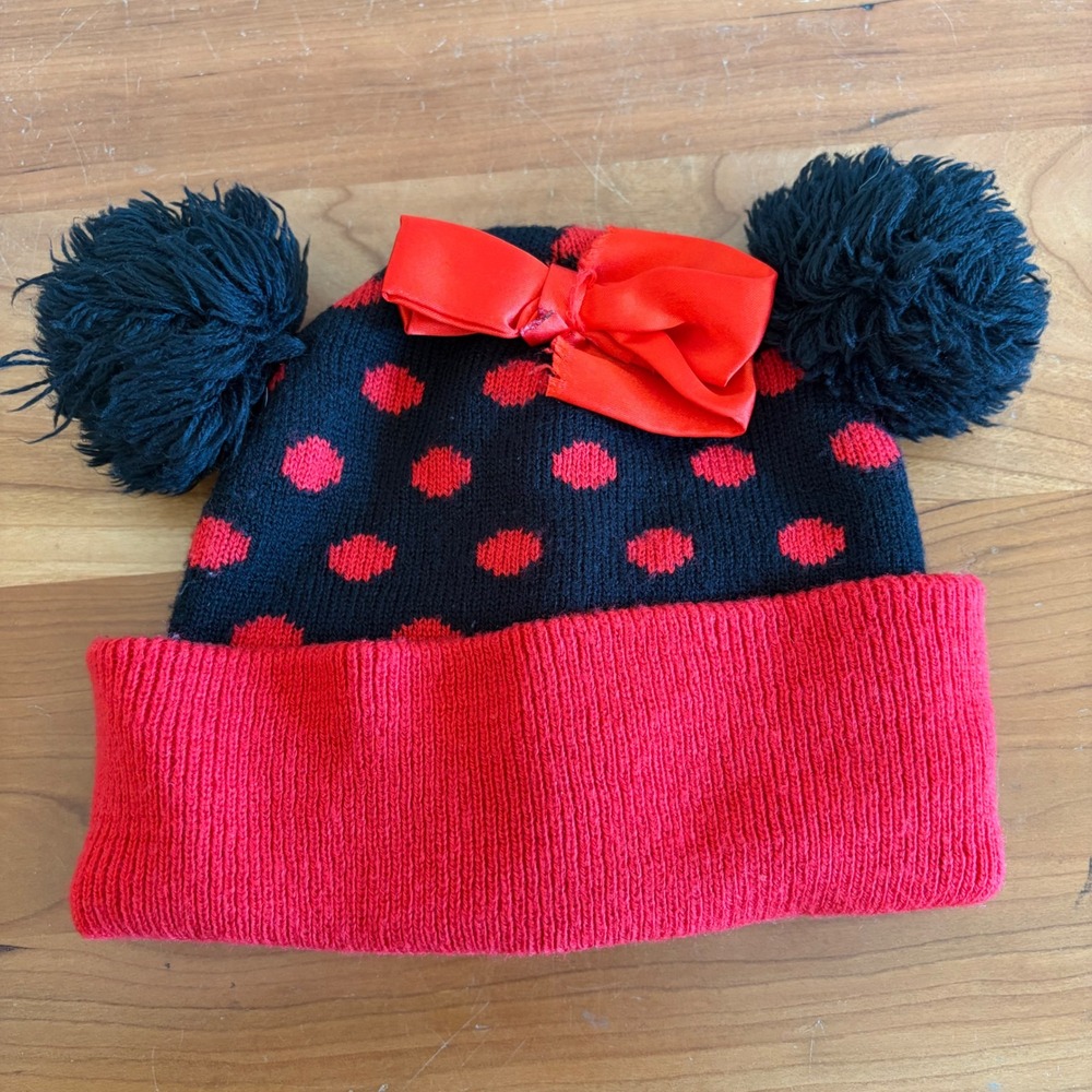 Disney Junior Minnie Mouse Toddler Beanie Hat Polka Dot Pom Pom Bow Red Black